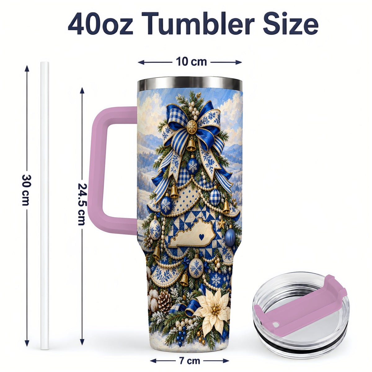 #pl[40oz|Pink] Kentucky Christmas Tree 40oz Handled Tumbler, Blue Holiday Artwork