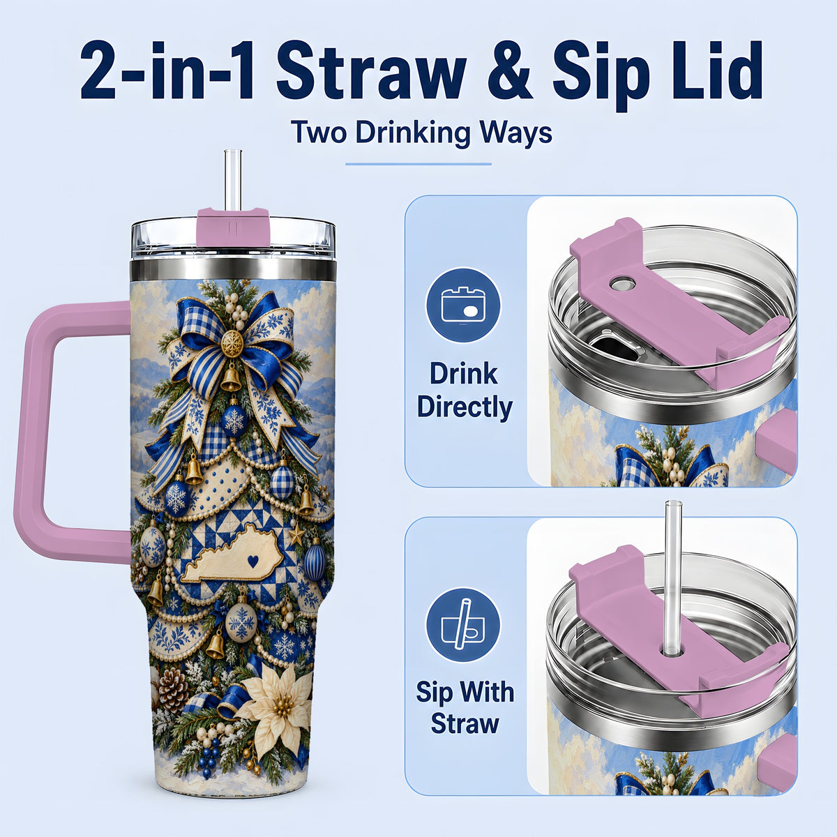 #pl[40oz|Pink] Kentucky Christmas Tree 40oz Handled Tumbler, Blue Holiday Artwork