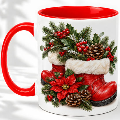 Christmas Boots Accent Mug, Ceramic Coffee Cup with Holly Berries