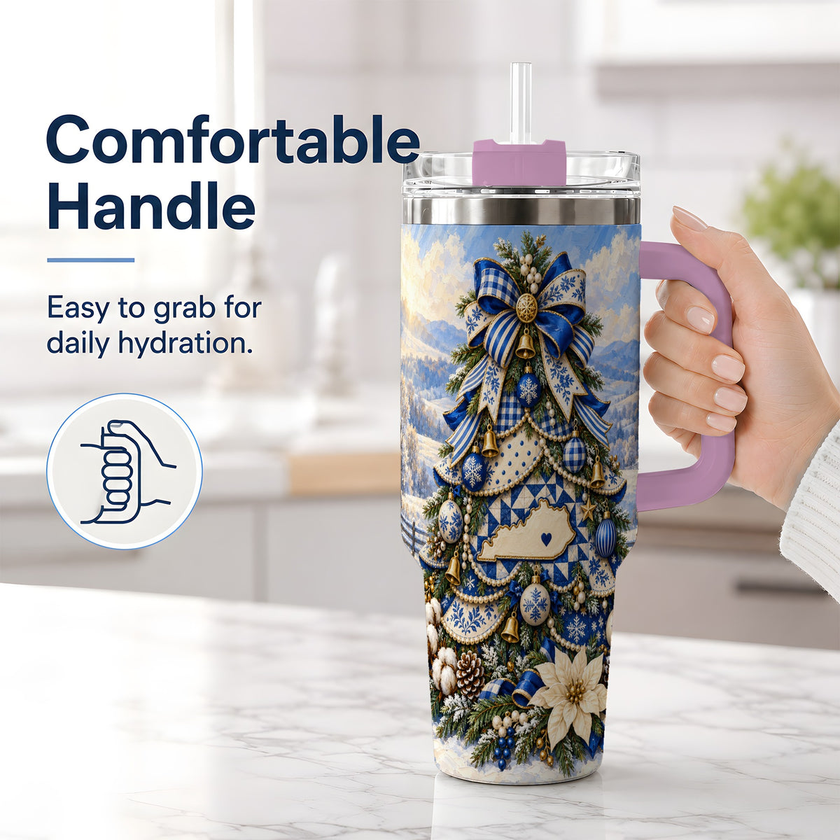 #pl[40oz|Pink] Kentucky Christmas Tree 40oz Handled Tumbler, Blue Holiday Artwork
