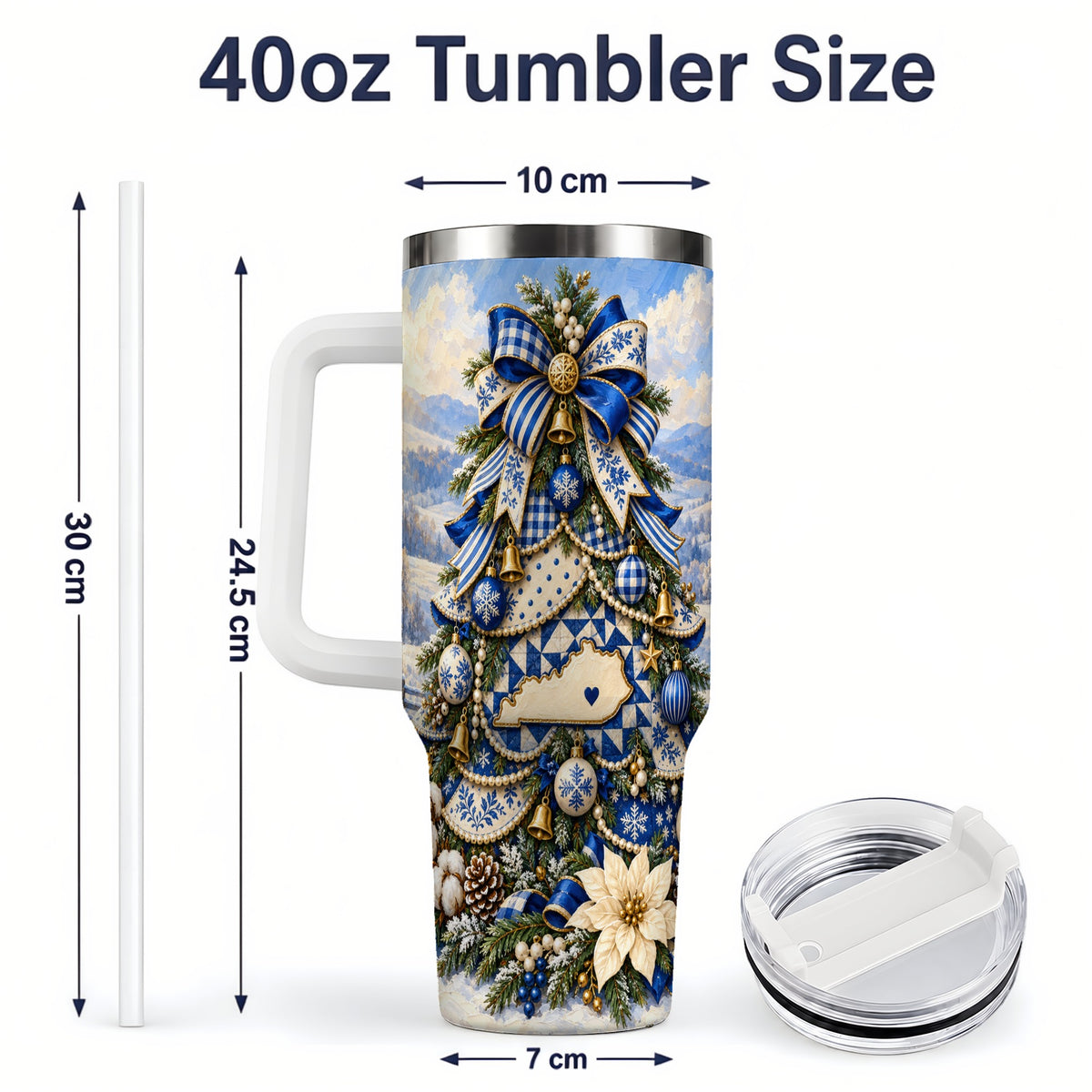 #pl[40oz|White] Kentucky Christmas Tree 40oz Handled Tumbler, Blue Holiday Artwork