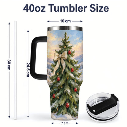 #pl[40oz|Black] Rustic Christmas Tree 40oz Handled Tumbler, Snowy Mountain Artwork