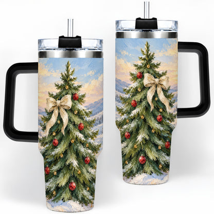 #pl[40oz|Black] Rustic Christmas Tree 40oz Handled Tumbler, Snowy Mountain Artwork