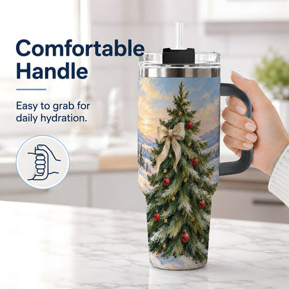 #pl[40oz|Black] Rustic Christmas Tree 40oz Handled Tumbler, Snowy Mountain Artwork