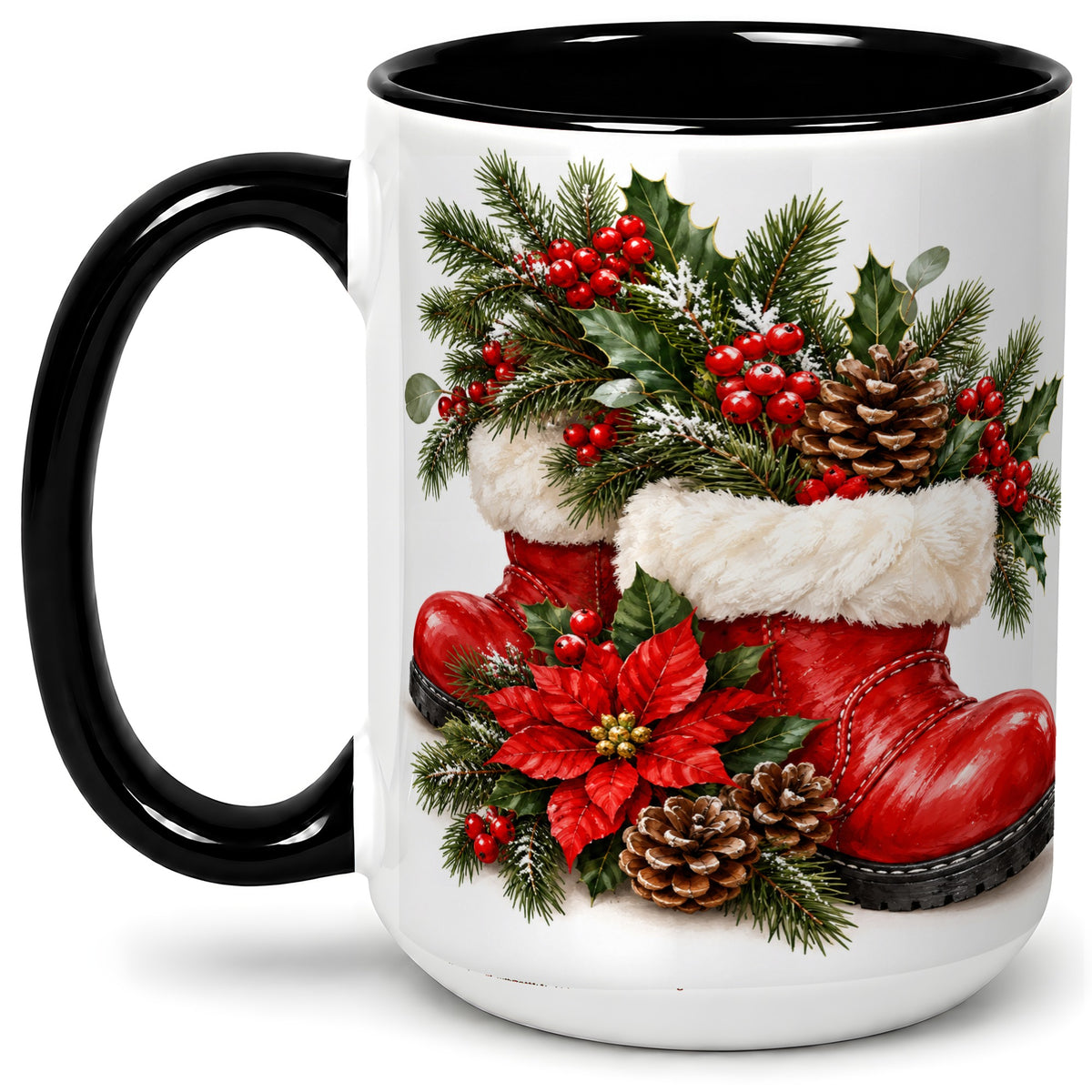 #pl[15oz|Black] Christmas Boots Accent Mug, Ceramic Coffee Cup with Holly Berries