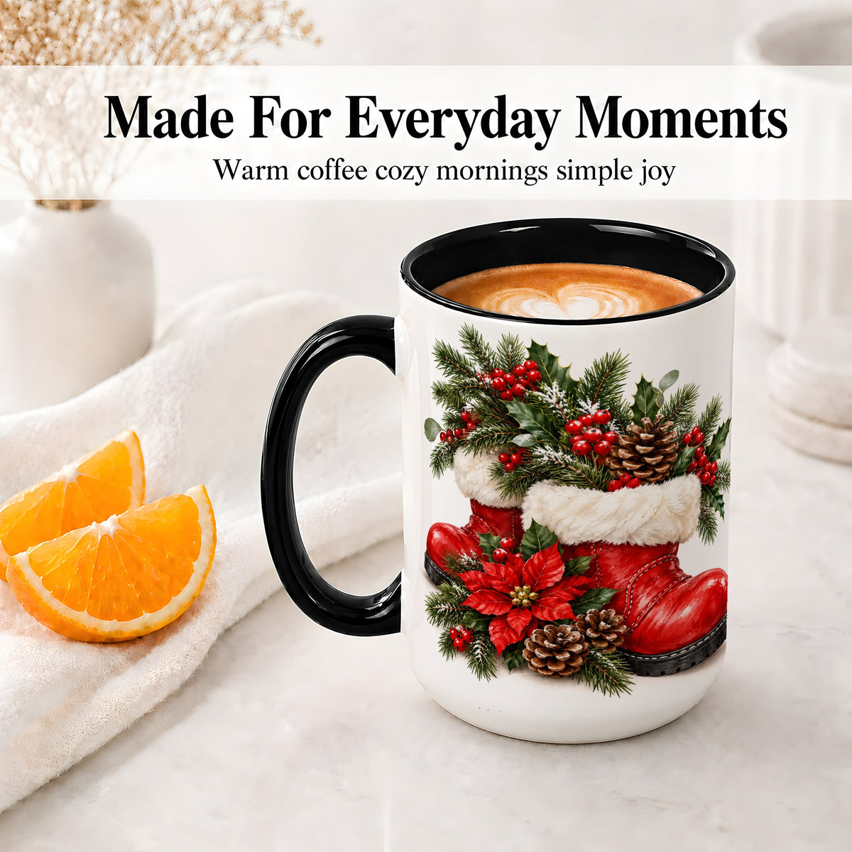 #pl[15oz|Black] Christmas Boots Accent Mug, Ceramic Coffee Cup with Holly Berries