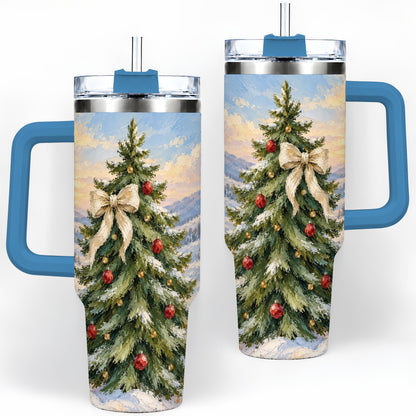 #pl[40oz|Blue] Rustic Christmas Tree 40oz Handled Tumbler, Snowy Mountain Artwork