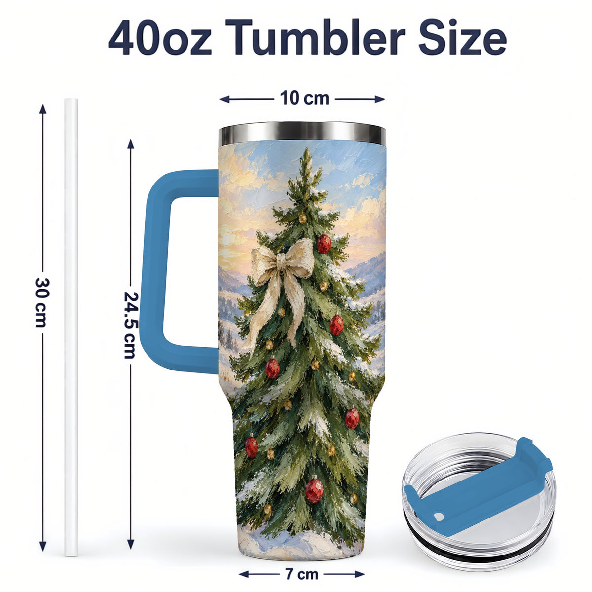 #pl[40oz|Blue] Rustic Christmas Tree 40oz Handled Tumbler, Snowy Mountain Artwork