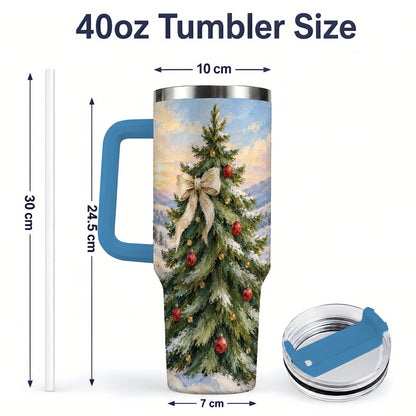 #pl[40oz|Blue] Rustic Christmas Tree 40oz Handled Tumbler, Snowy Mountain Artwork