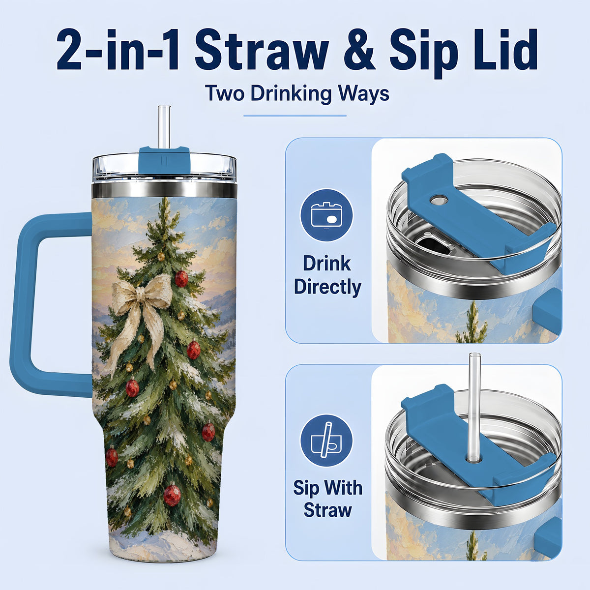 #pl[40oz|Blue] Rustic Christmas Tree 40oz Handled Tumbler, Snowy Mountain Artwork