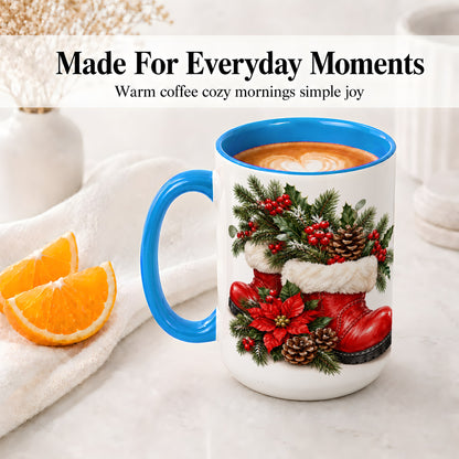 #pl[15oz|Blue] Christmas Boots Accent Mug, Ceramic Coffee Cup with Holly Berries