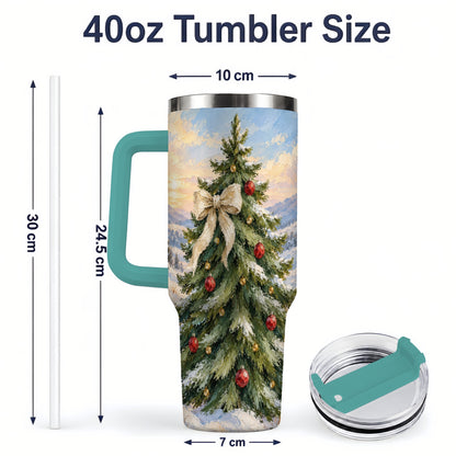 #pl[40oz|Green] Rustic Christmas Tree 40oz Handled Tumbler, Snowy Mountain Artwork