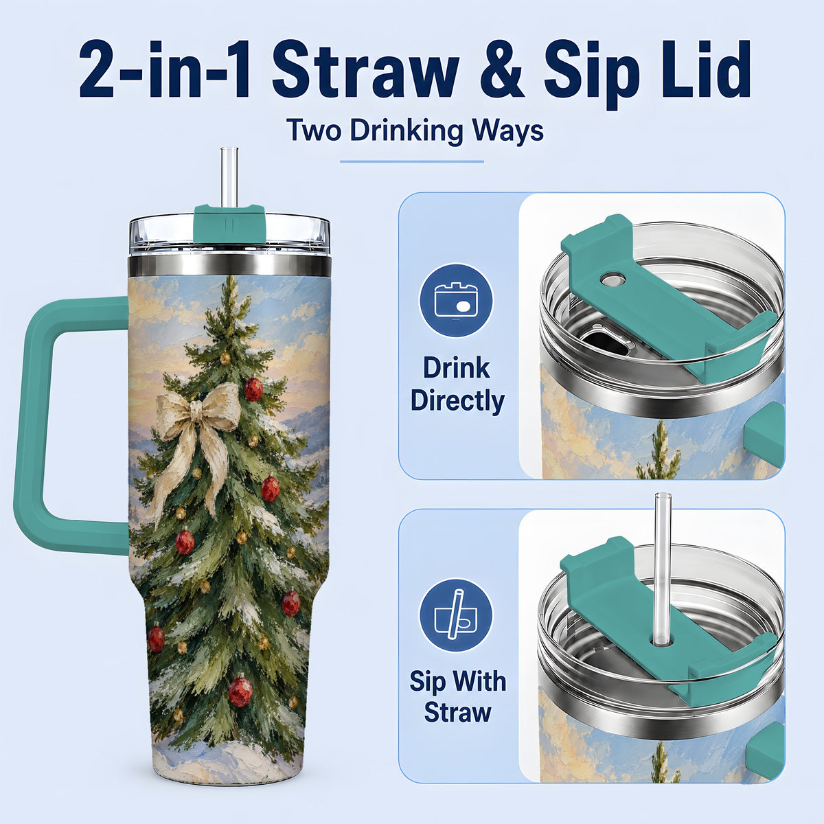#pl[40oz|Green] Rustic Christmas Tree 40oz Handled Tumbler, Snowy Mountain Artwork