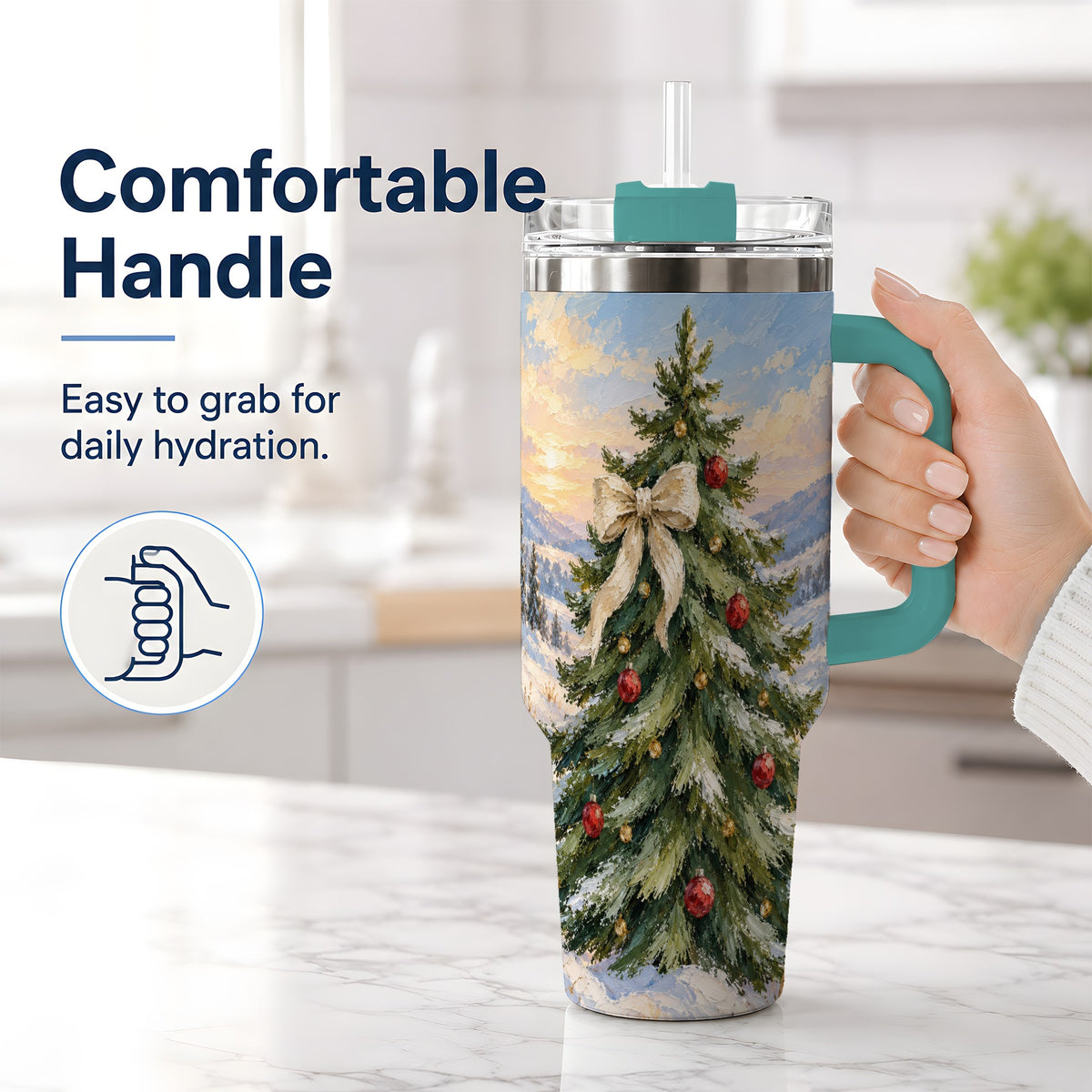 #pl[40oz|Green] Rustic Christmas Tree 40oz Handled Tumbler, Snowy Mountain Artwork