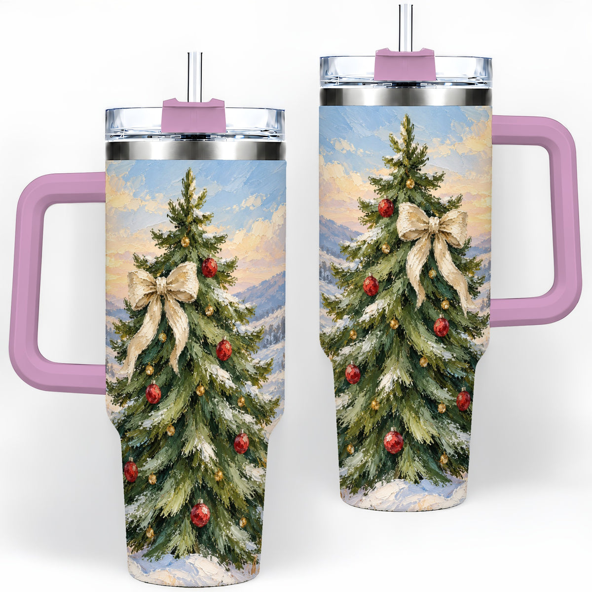 #pl[40oz|Pink] Rustic Christmas Tree 40oz Handled Tumbler, Snowy Mountain Artwork