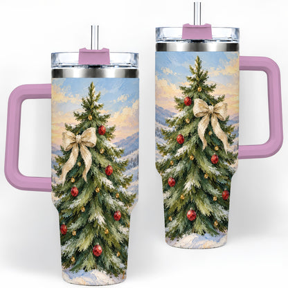 #pl[40oz|Pink] Rustic Christmas Tree 40oz Handled Tumbler, Snowy Mountain Artwork