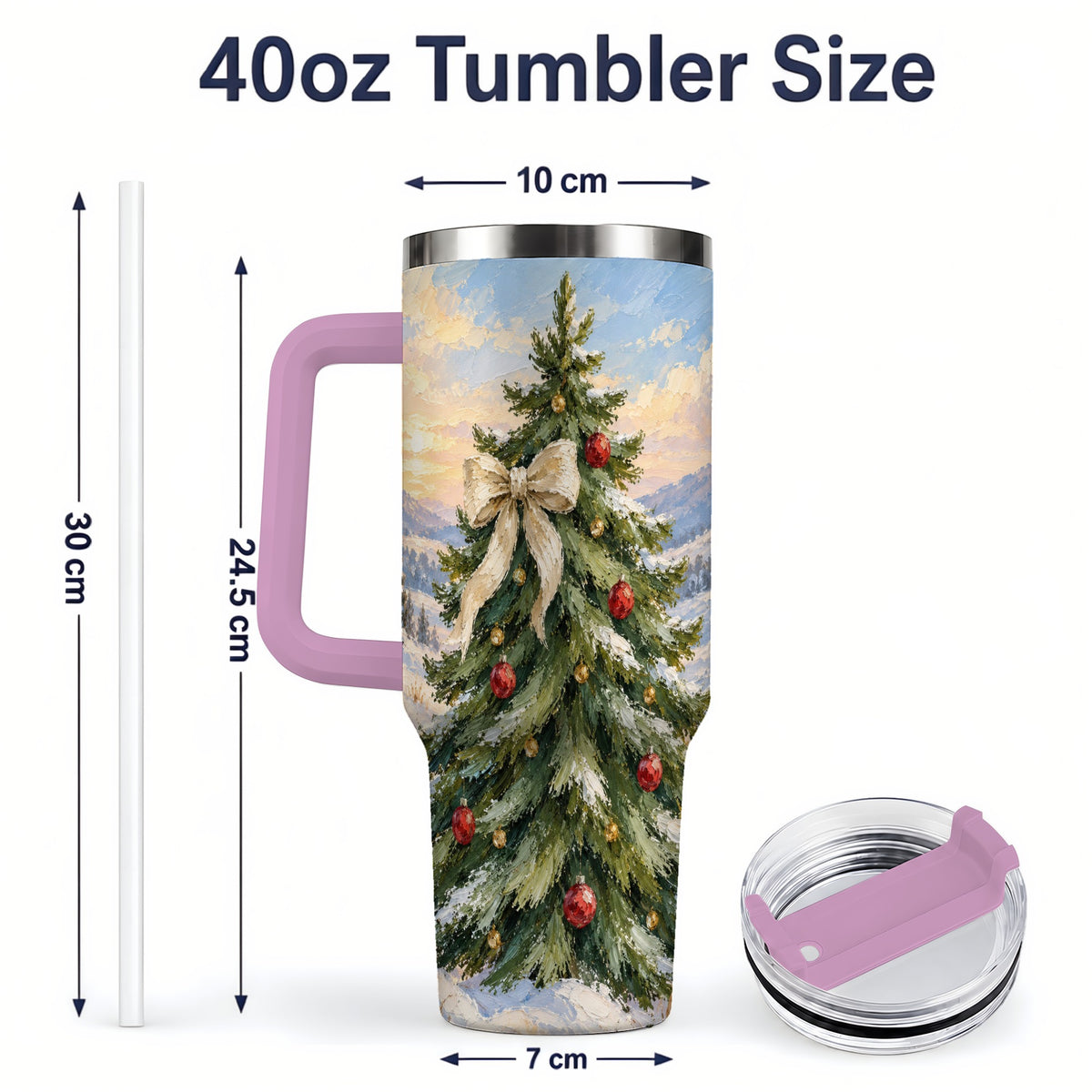#pl[40oz|Pink] Rustic Christmas Tree 40oz Handled Tumbler, Snowy Mountain Artwork