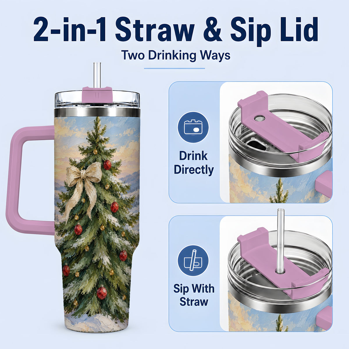 #pl[40oz|Pink] Rustic Christmas Tree 40oz Handled Tumbler, Snowy Mountain Artwork