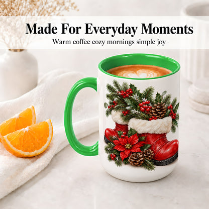#pl[15oz|Green] Christmas Boots Accent Mug, Ceramic Coffee Cup with Holly Berries