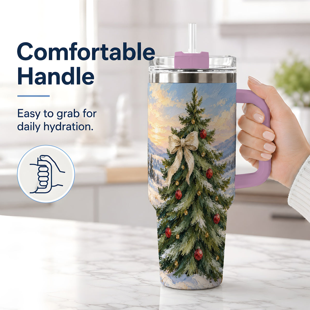#pl[40oz|Pink] Rustic Christmas Tree 40oz Handled Tumbler, Snowy Mountain Artwork
