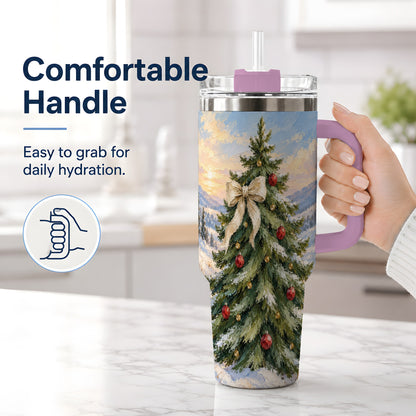 #pl[40oz|Pink] Rustic Christmas Tree 40oz Handled Tumbler, Snowy Mountain Artwork
