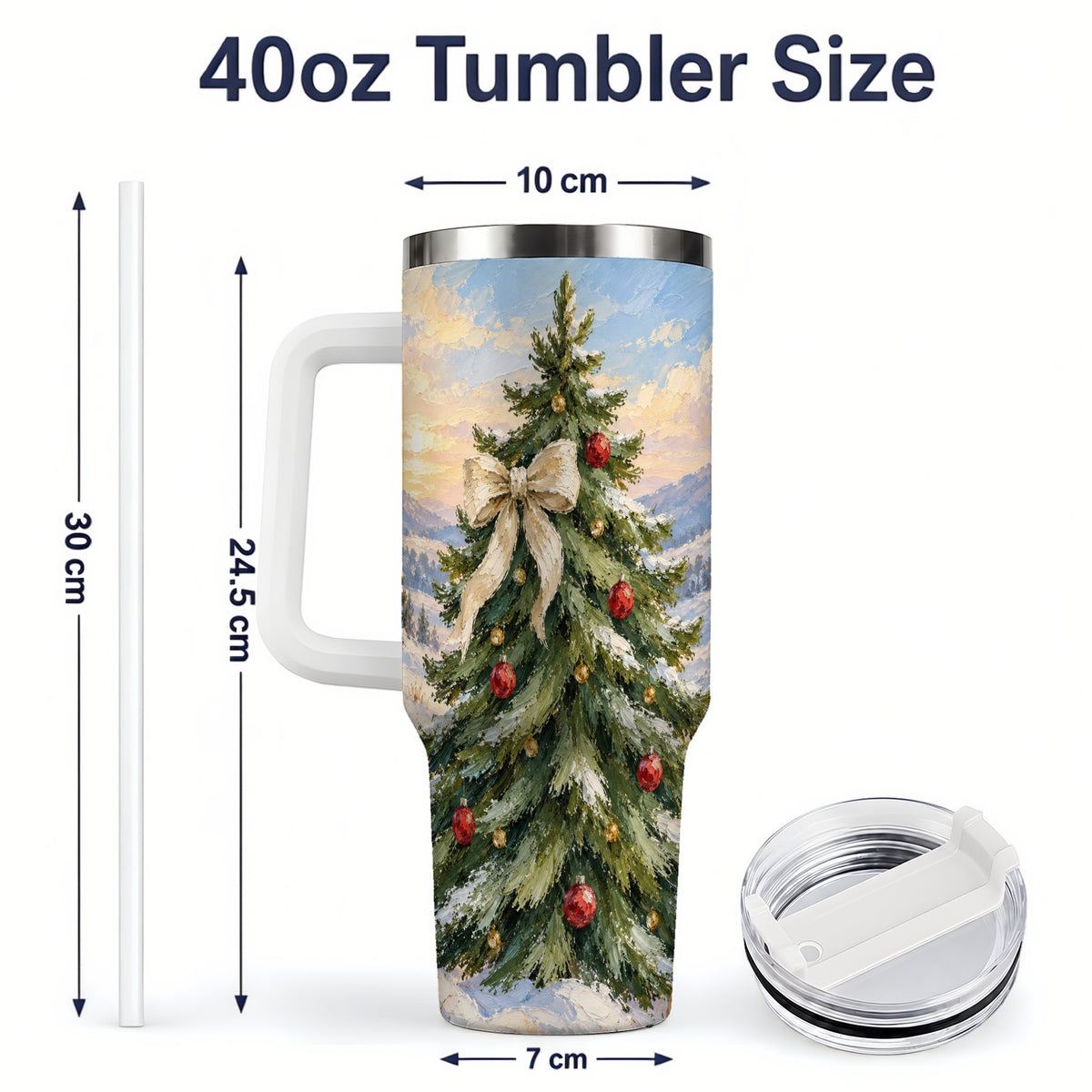 #pl[40oz|White] Rustic Christmas Tree 40oz Handled Tumbler, Snowy Mountain Artwork