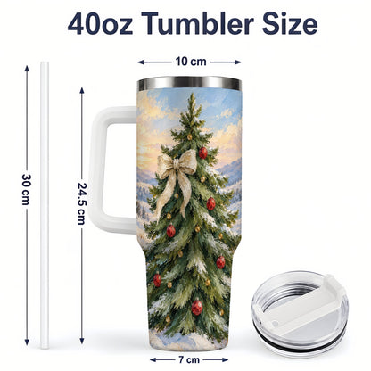 #pl[40oz|White] Rustic Christmas Tree 40oz Handled Tumbler, Snowy Mountain Artwork
