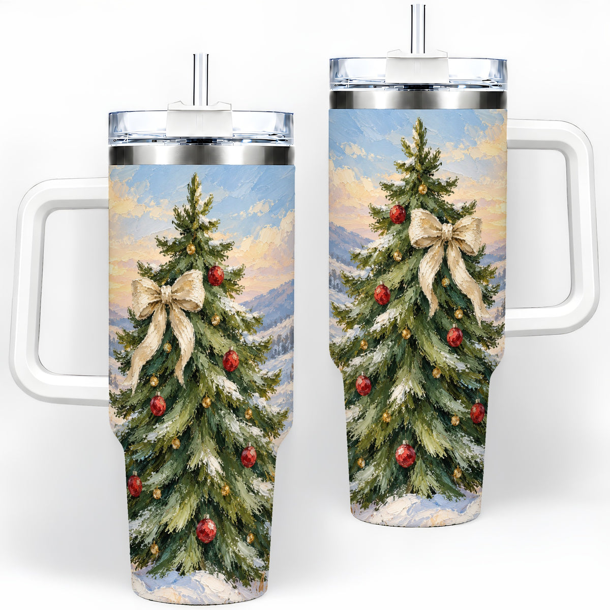 Rustic Christmas Tree 40oz Handled Tumbler, Snowy Mountain Artwork