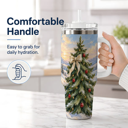 #pl[40oz|White] Rustic Christmas Tree 40oz Handled Tumbler, Snowy Mountain Artwork
