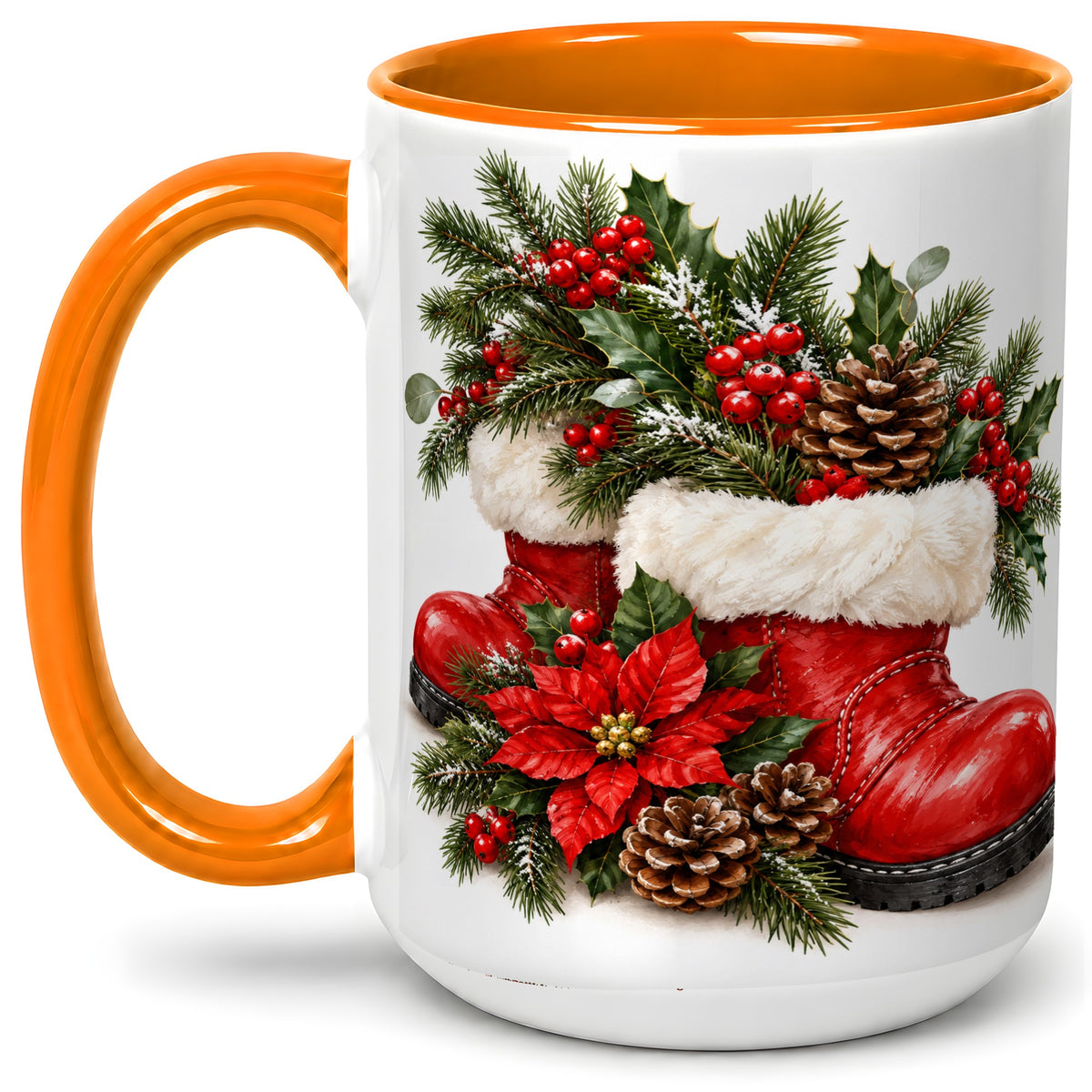 #pl[15oz|Orange] Christmas Boots Accent Mug, Ceramic Coffee Cup with Holly Berries