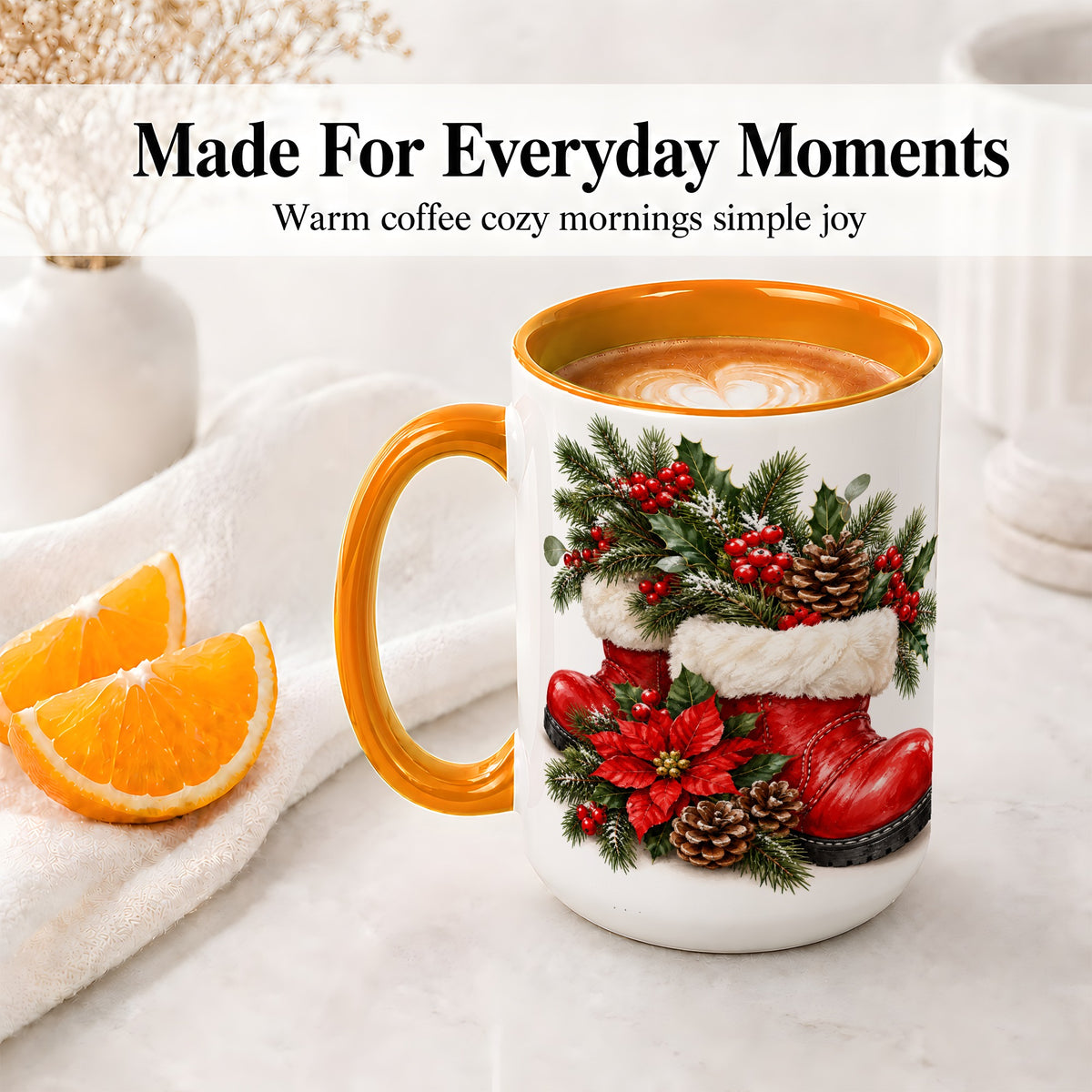 #pl[15oz|Orange] Christmas Boots Accent Mug, Ceramic Coffee Cup with Holly Berries