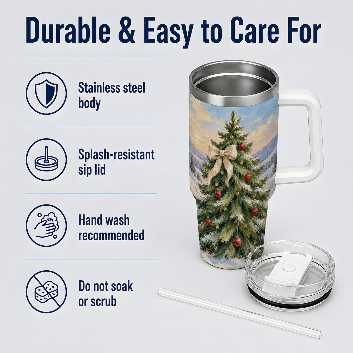 Rustic Christmas Tree 40oz Handled Tumbler, Snowy Mountain Artwork