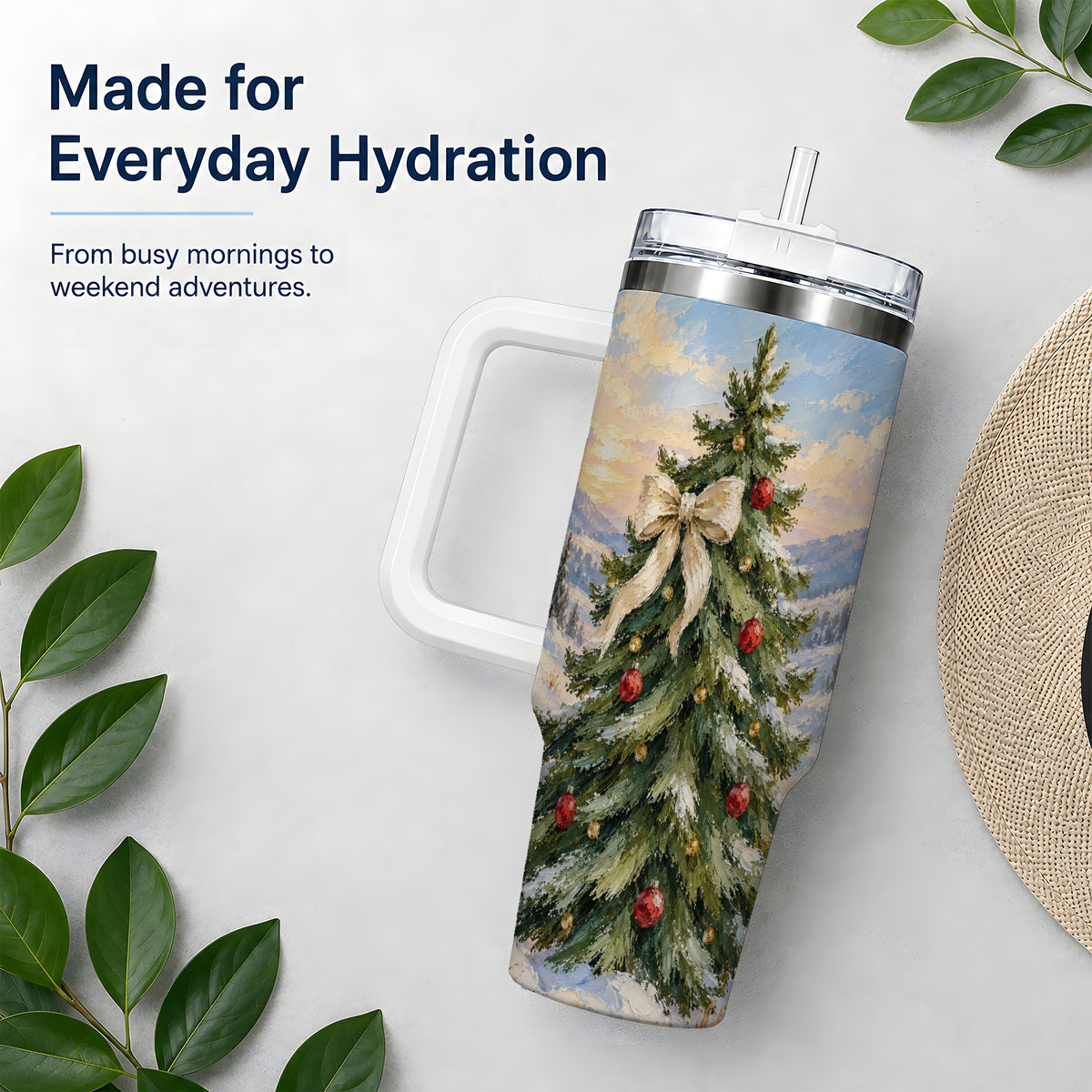 Rustic Christmas Tree 40oz Handled Tumbler, Snowy Mountain Artwork