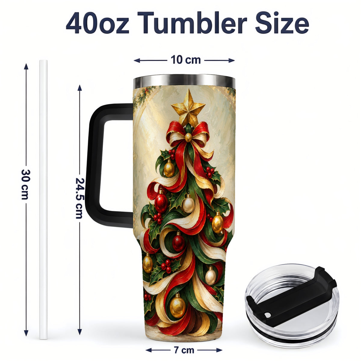 #pl[40oz|Black] Ribbon Christmas Tree 40oz Handled Tumbler, Classic Festive Artwork