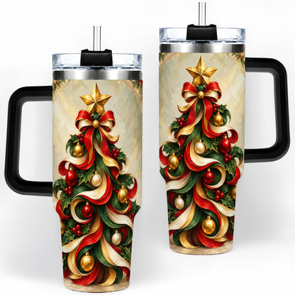 #pl[40oz|Black] Ribbon Christmas Tree 40oz Handled Tumbler, Classic Festive Artwork