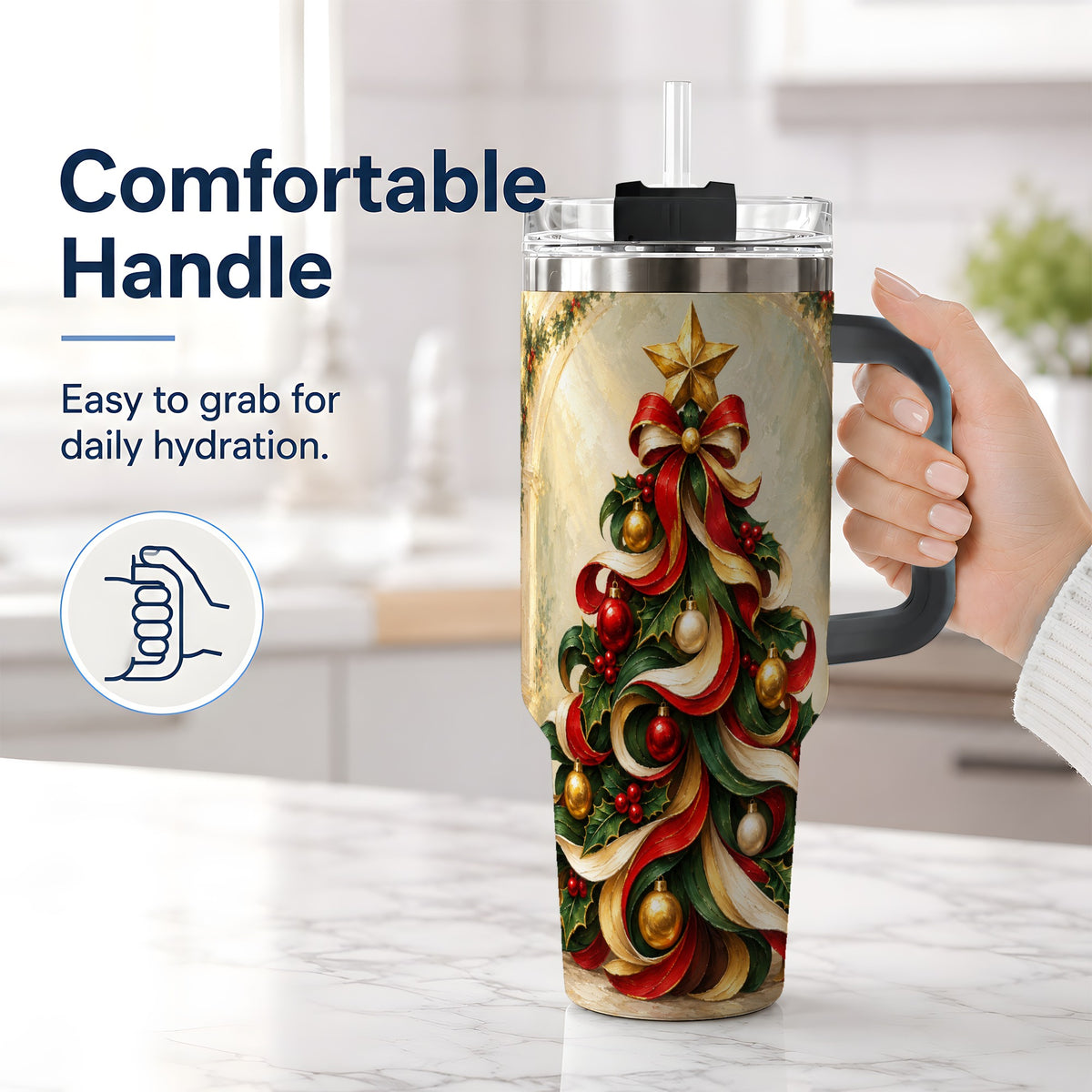#pl[40oz|Black] Ribbon Christmas Tree 40oz Handled Tumbler, Classic Festive Artwork