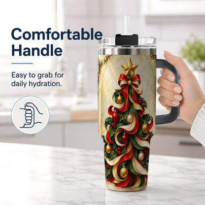 #pl[40oz|Black] Ribbon Christmas Tree 40oz Handled Tumbler, Classic Festive Artwork