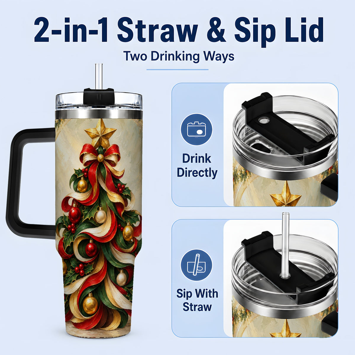 #pl[40oz|Black] Ribbon Christmas Tree 40oz Handled Tumbler, Classic Festive Artwork
