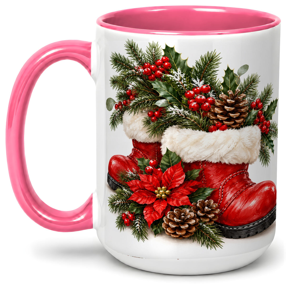 #pl[15oz|Pink] Christmas Boots Accent Mug, Ceramic Coffee Cup with Holly Berries