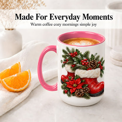 #pl[15oz|Pink] Christmas Boots Accent Mug, Ceramic Coffee Cup with Holly Berries