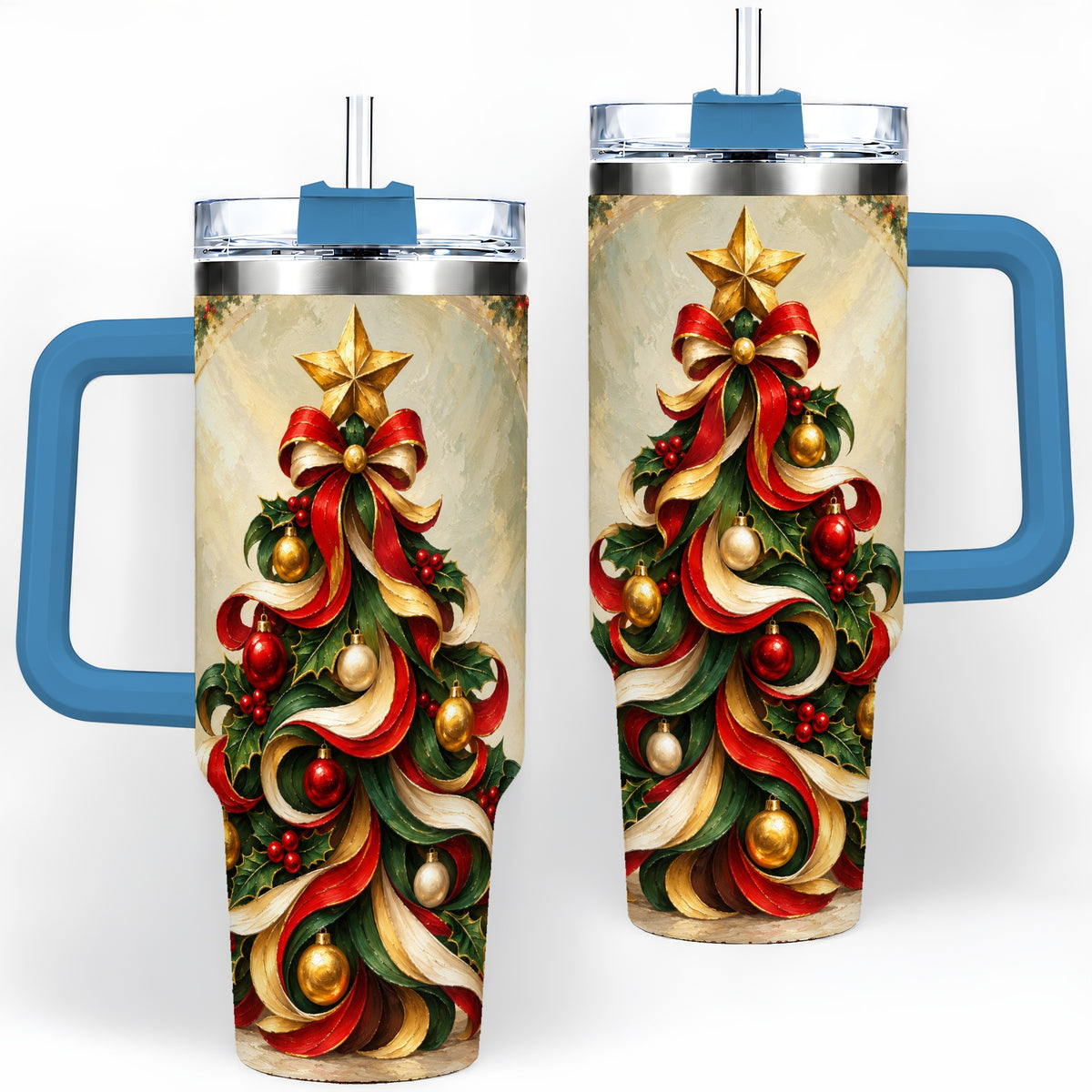 #pl[40oz|Blue] Ribbon Christmas Tree 40oz Handled Tumbler, Classic Festive Artwork
