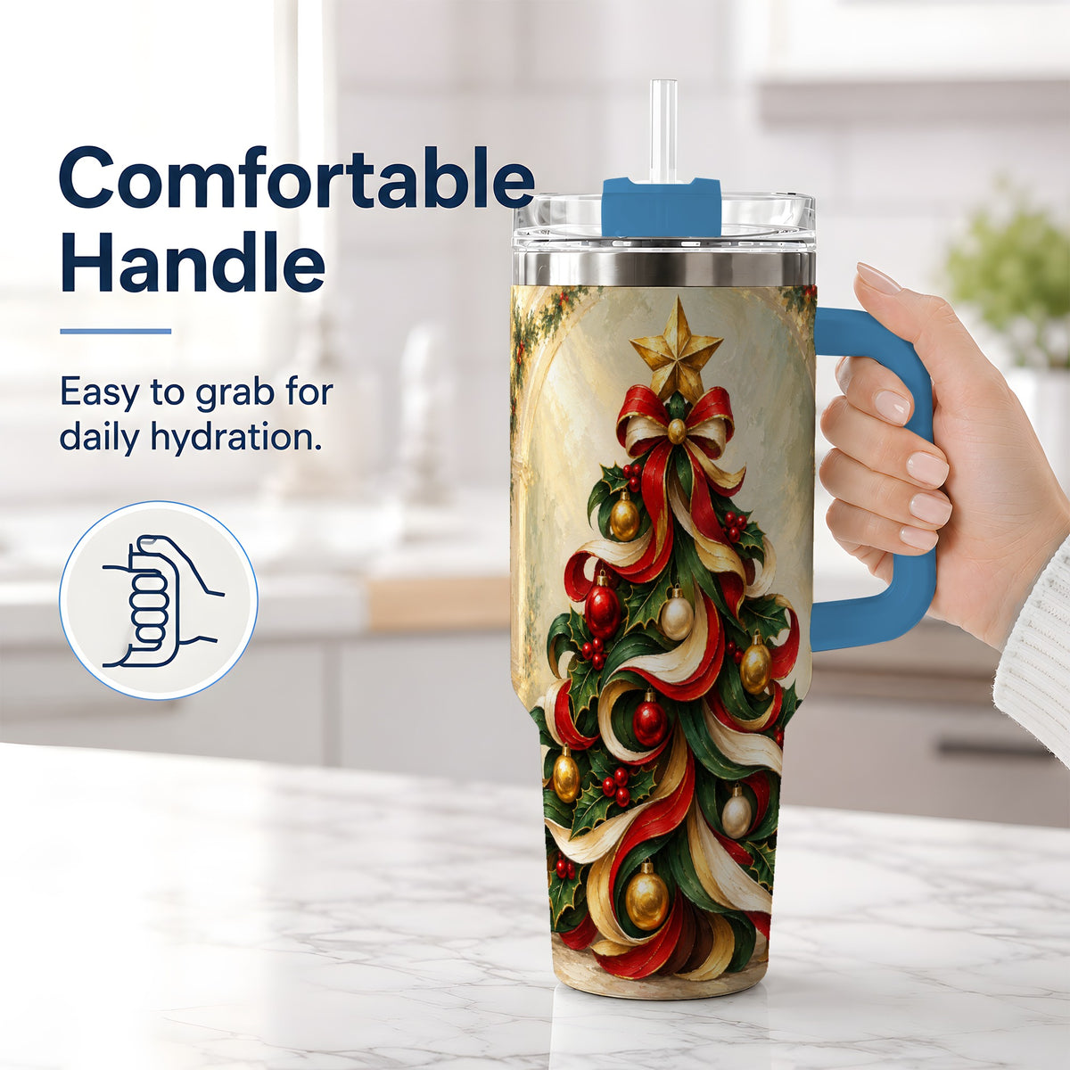 #pl[40oz|Blue] Ribbon Christmas Tree 40oz Handled Tumbler, Classic Festive Artwork