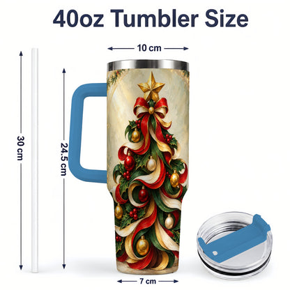 #pl[40oz|Blue] Ribbon Christmas Tree 40oz Handled Tumbler, Classic Festive Artwork