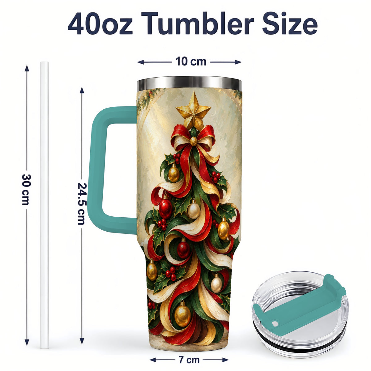 #pl[40oz|Green] Ribbon Christmas Tree 40oz Handled Tumbler, Classic Festive Artwork