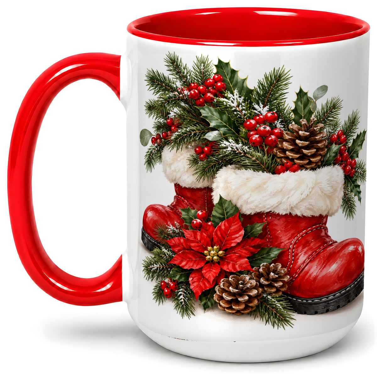 #pl[15oz|Red] Christmas Boots Accent Mug, Ceramic Coffee Cup with Holly Berries