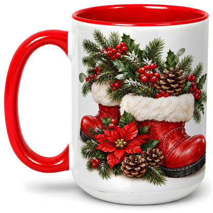 #pl[15oz|Red] Christmas Boots Accent Mug, Ceramic Coffee Cup with Holly Berries