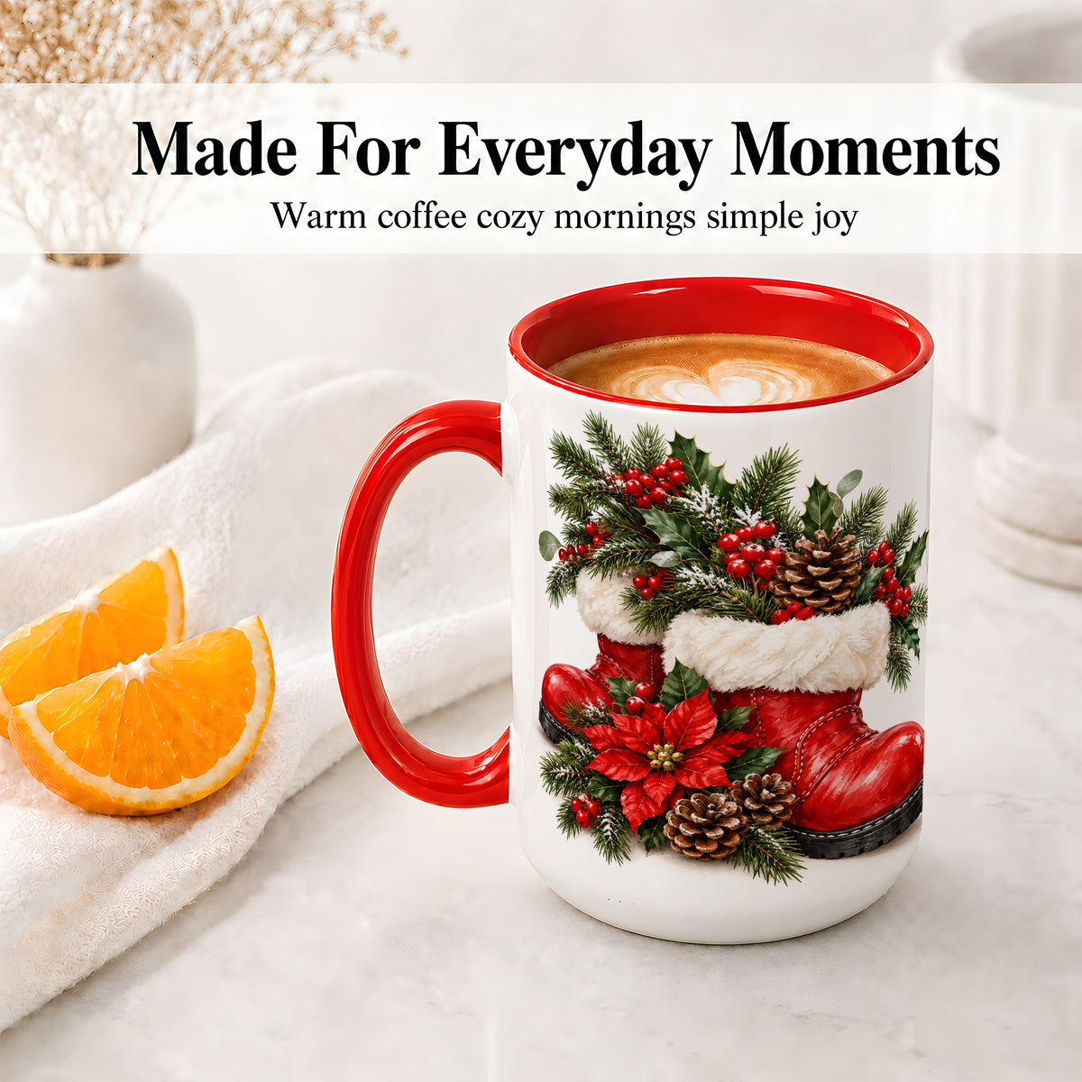 #pl[15oz|Red] Christmas Boots Accent Mug, Ceramic Coffee Cup with Holly Berries