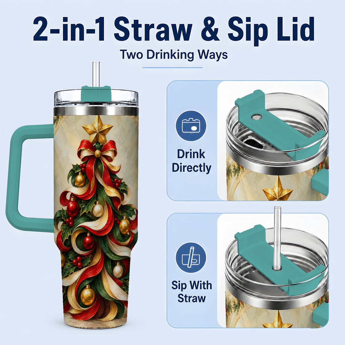 #pl[40oz|Green] Ribbon Christmas Tree 40oz Handled Tumbler, Classic Festive Artwork