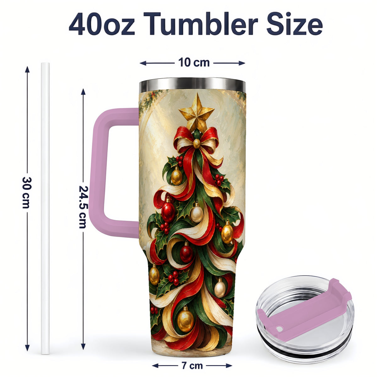 #pl[40oz|Pink] Ribbon Christmas Tree 40oz Handled Tumbler, Classic Festive Artwork