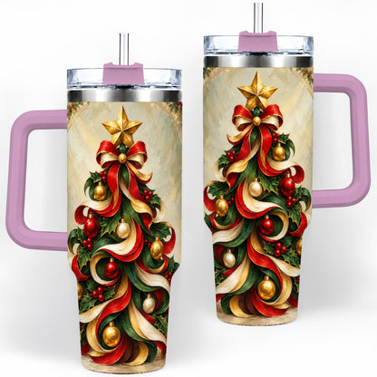 #pl[40oz|Pink] Ribbon Christmas Tree 40oz Handled Tumbler, Classic Festive Artwork